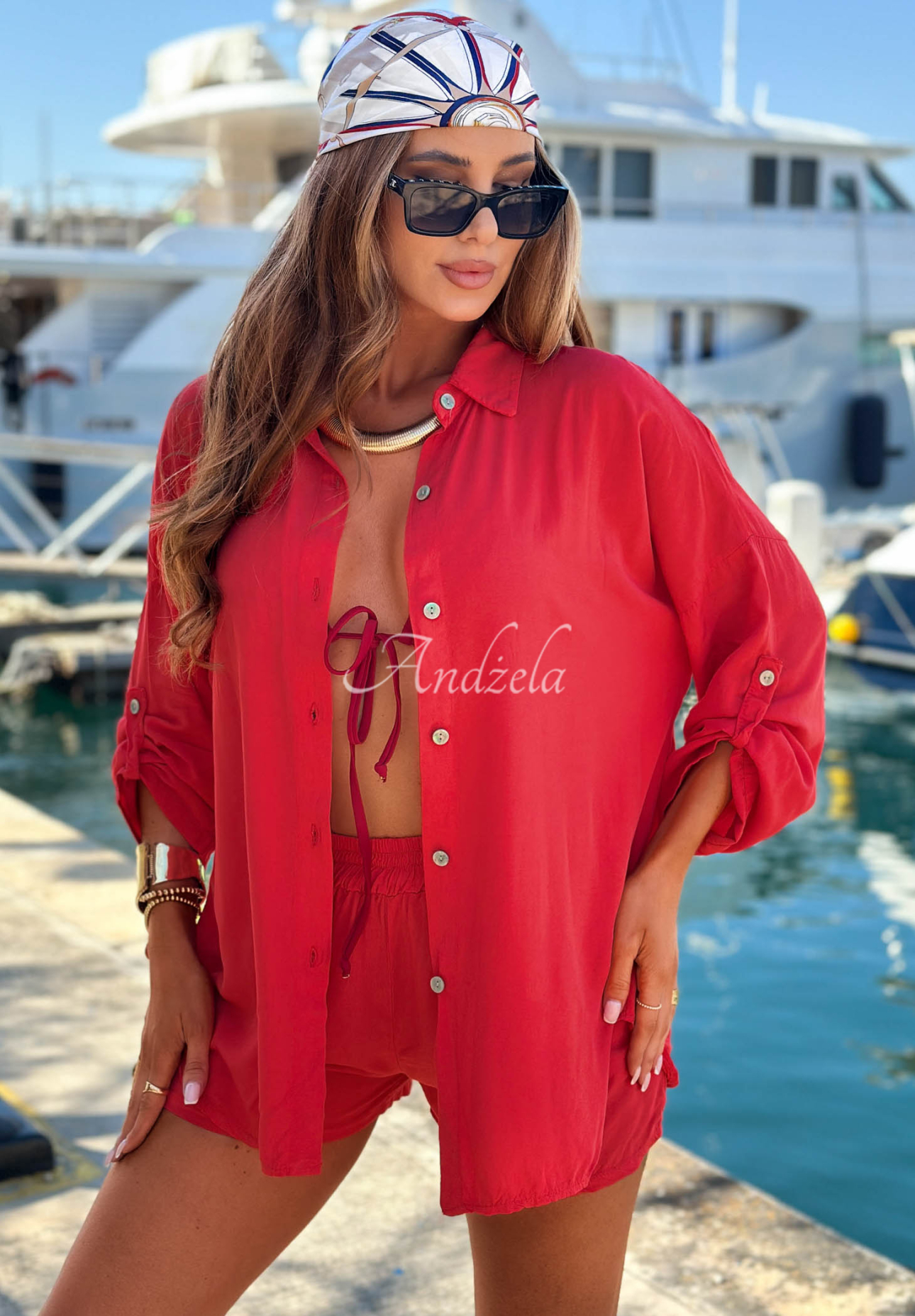 Viskózová souprava košile a krátké šortky Summer Essence červený