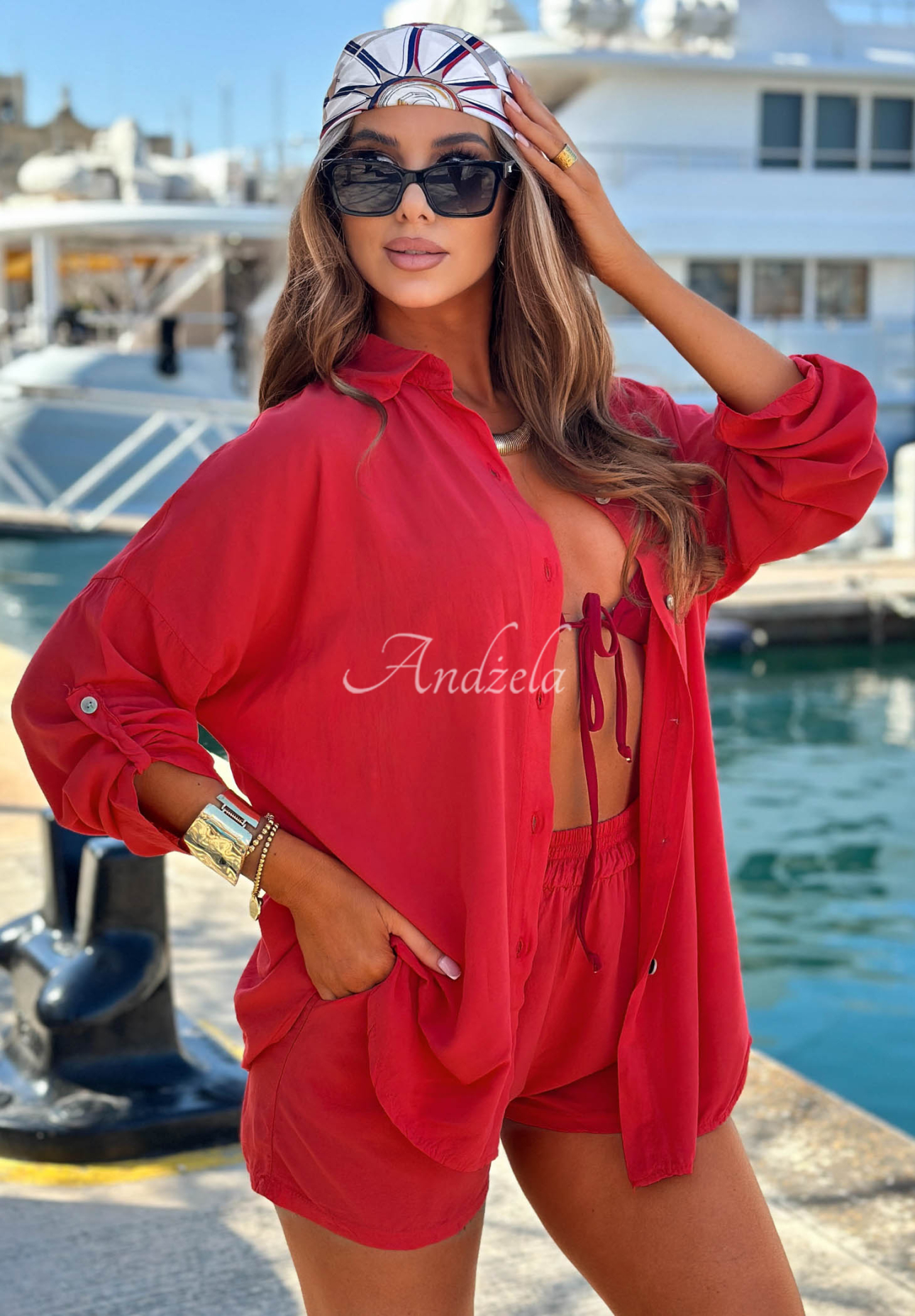 Viskózová souprava košile a krátké šortky Summer Essence červený