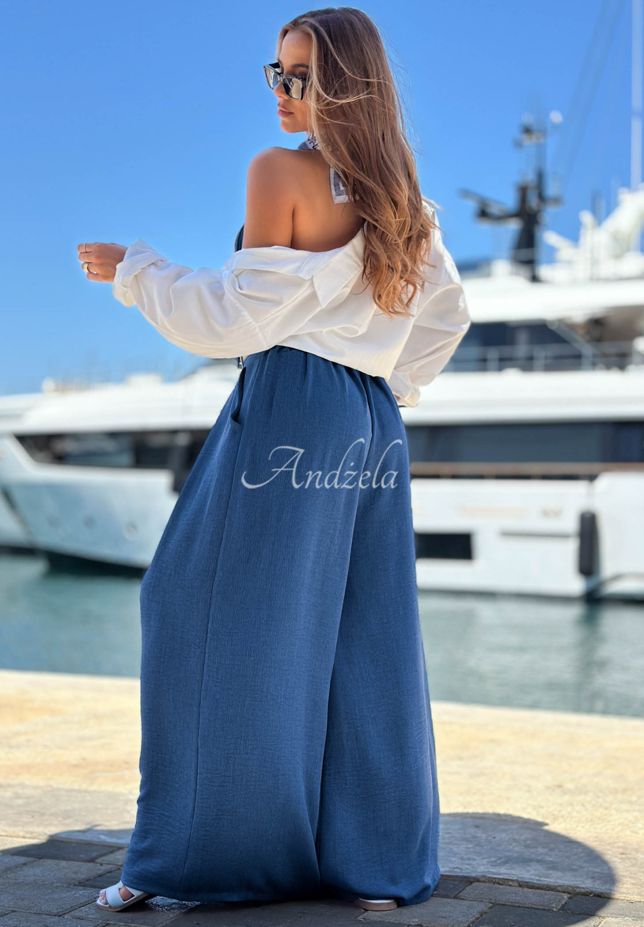 Kalhoty ze tkaniny wide leg s páskem Summer Aura modré