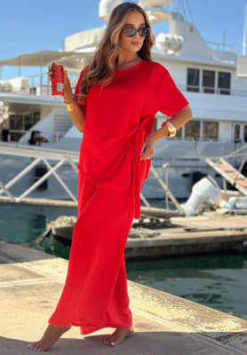 Visk&oacute;zov&aacute; souprava v&aacute;zan&aacute; halenka a kalhoty wide leg Elite Holiday červen&yacute;