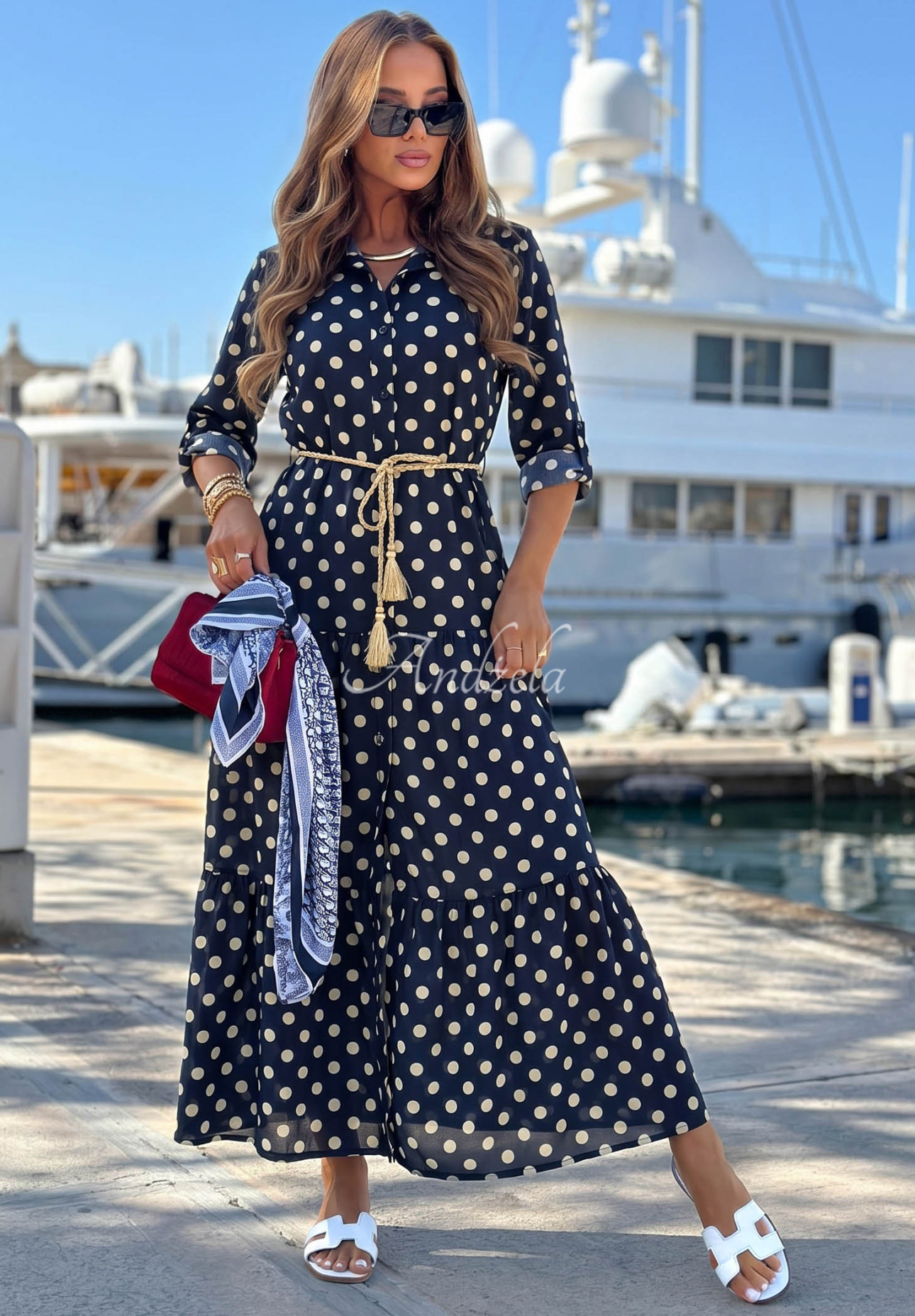 Košilové šaty s puntíky z bavlny Summer Dots granátová