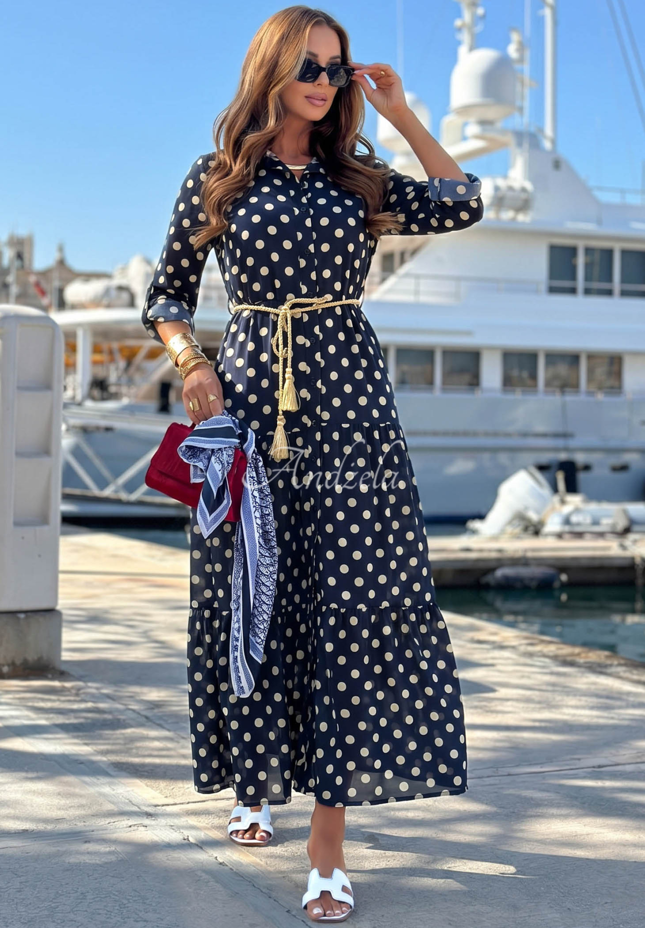 Košilové šaty s puntíky z bavlny Summer Dots granátová