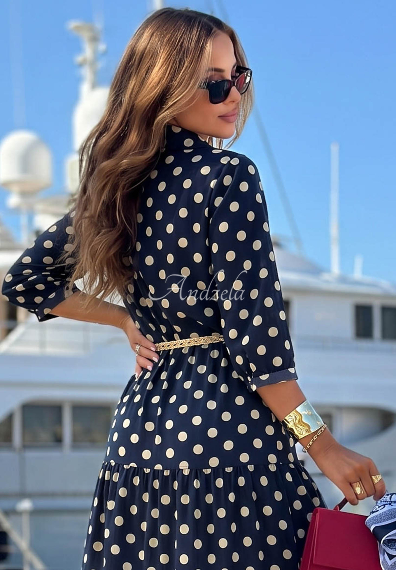 Košilové šaty s puntíky z bavlny Summer Dots granátová