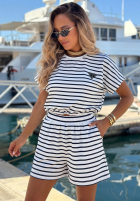 Bawełniany Souprava Halenka i Kraťasy w paski Sunny Stripes Set biało-granátový