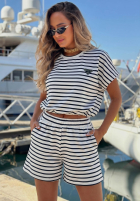 Bawełniany Souprava Halenka i Kraťasy w paski Sunny Stripes Set biało-granátový