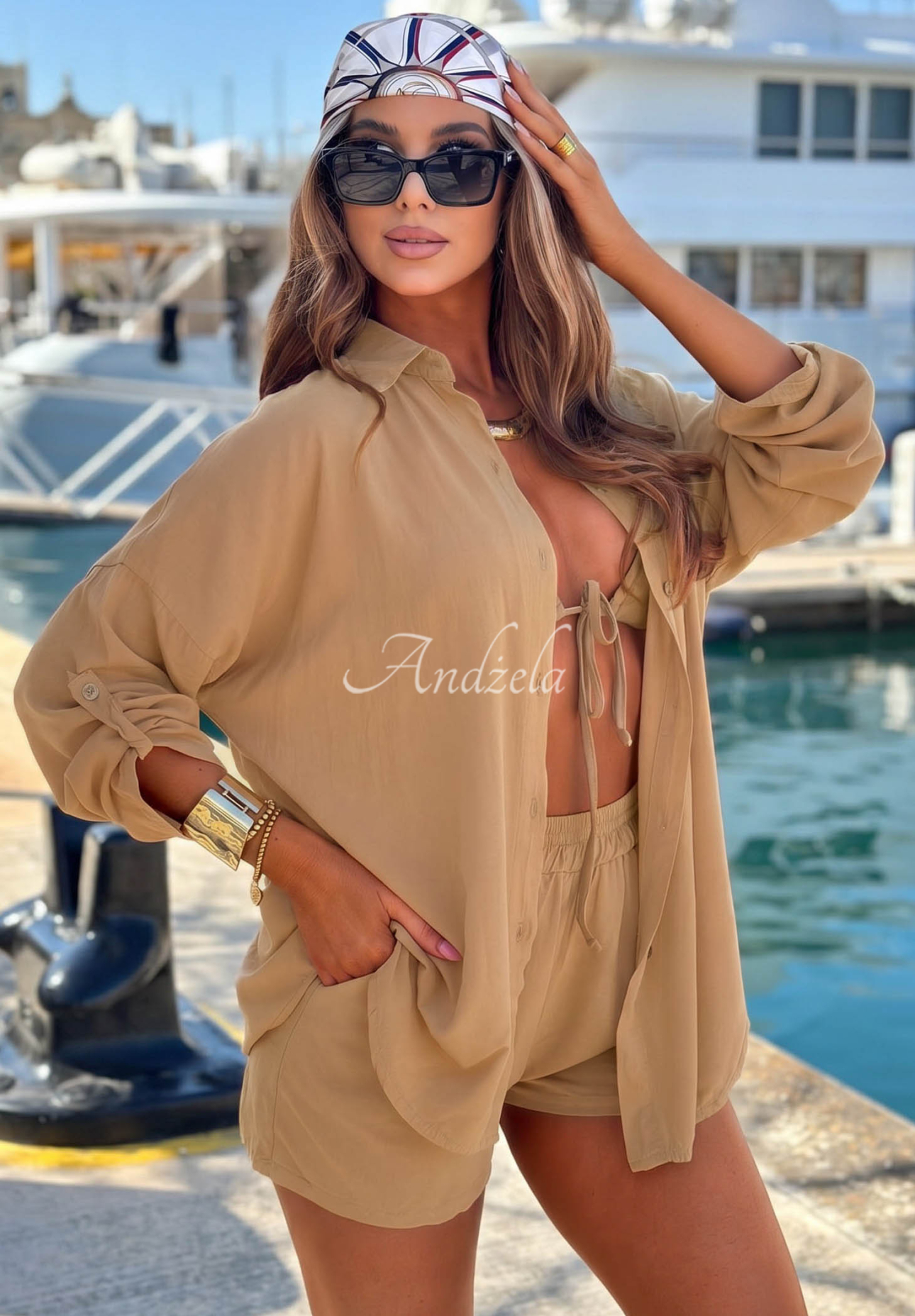 Viskózová souprava košile a krátké šortky Summer Essence velbloudí