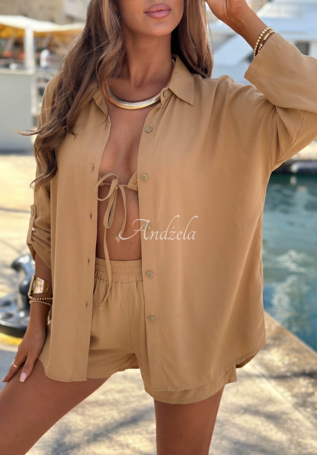 Viskózová souprava košile a krátké šortky Summer Essence velbloudí