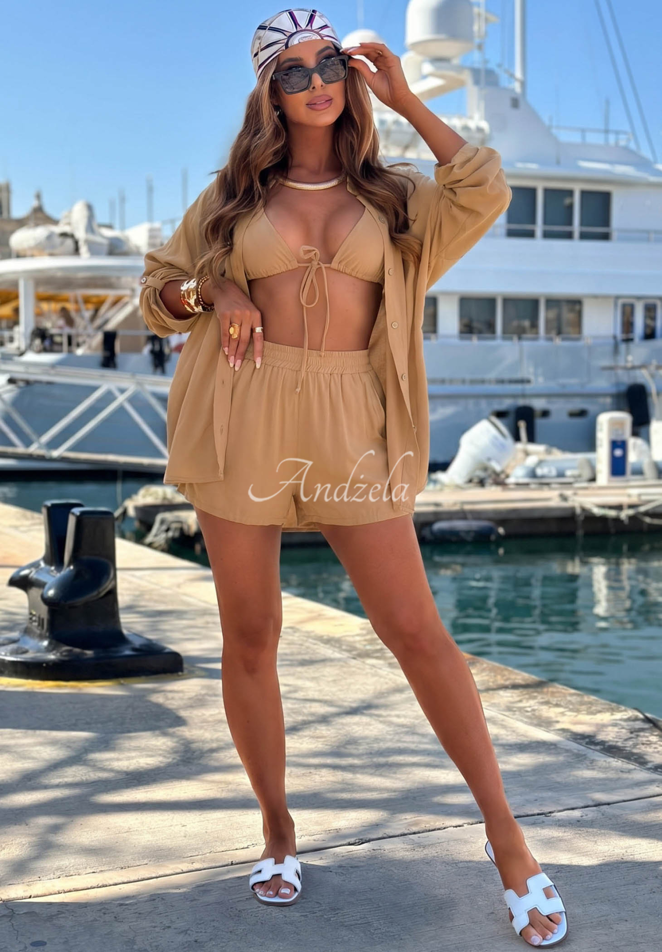 Viskózová souprava košile a krátké šortky Summer Essence velbloudí
