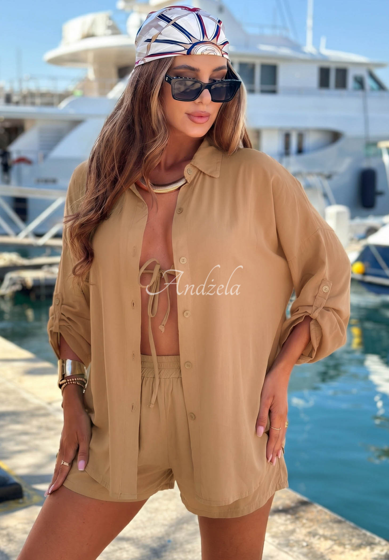 Viskózová souprava košile a krátké šortky Summer Essence velbloudí
