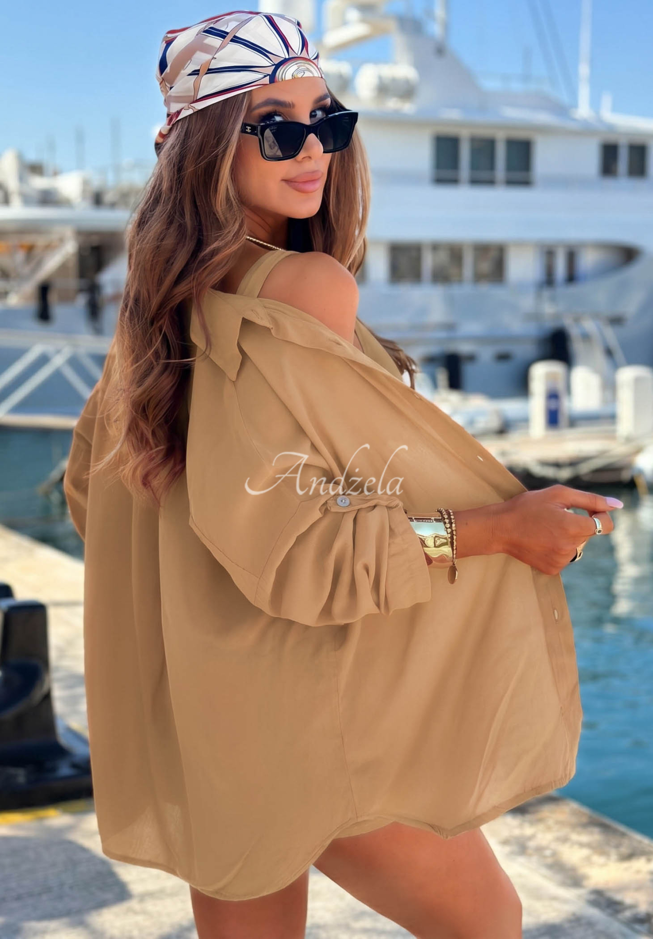 Viskózová souprava košile a krátké šortky Summer Essence velbloudí