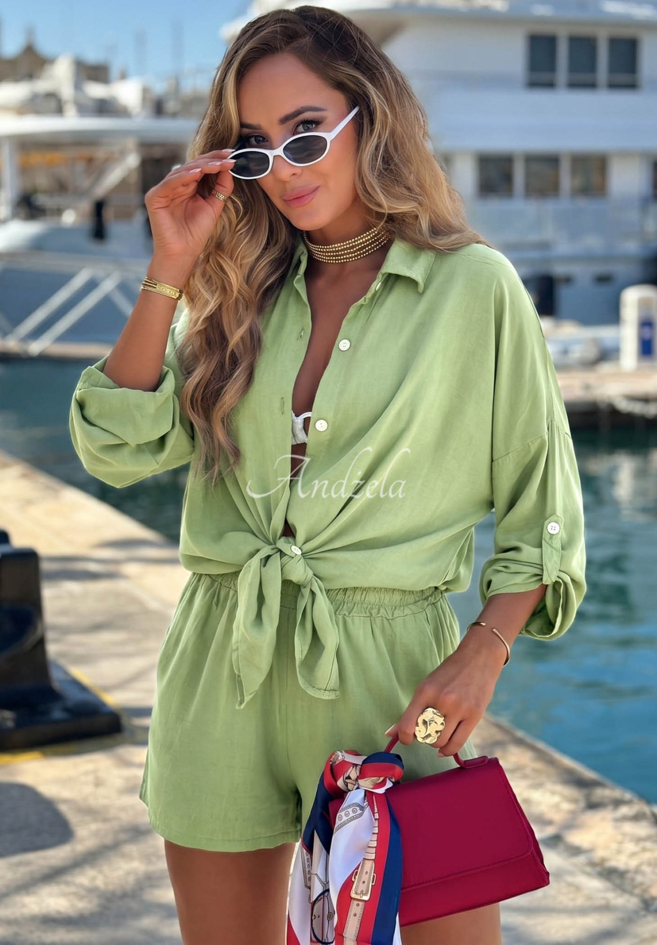 Viskózová souprava košile a krátké šortky Summer Essence pistáciový