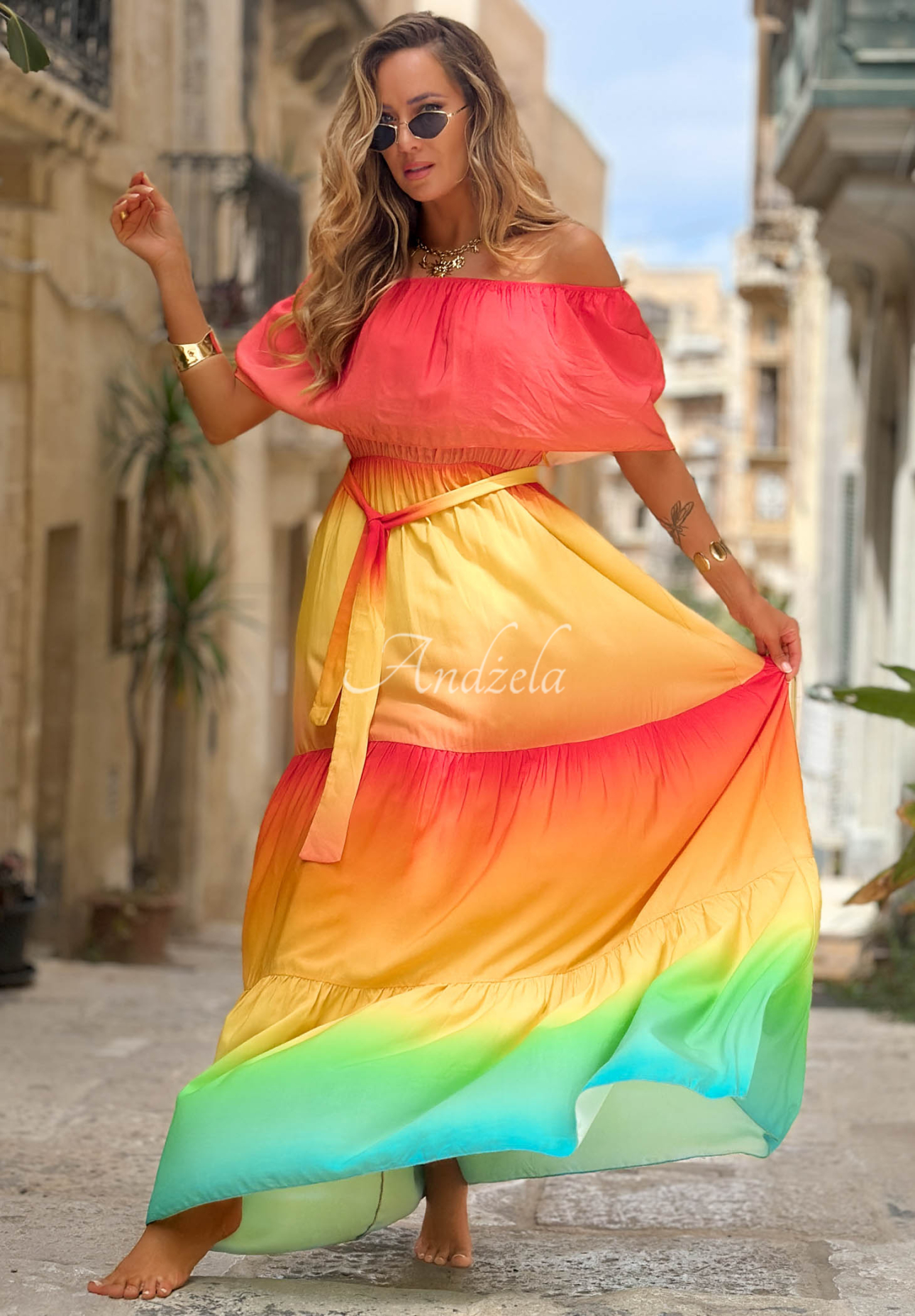 Viskózové ombre maxi šaty španělka Solar Rainbow červeno-žluté