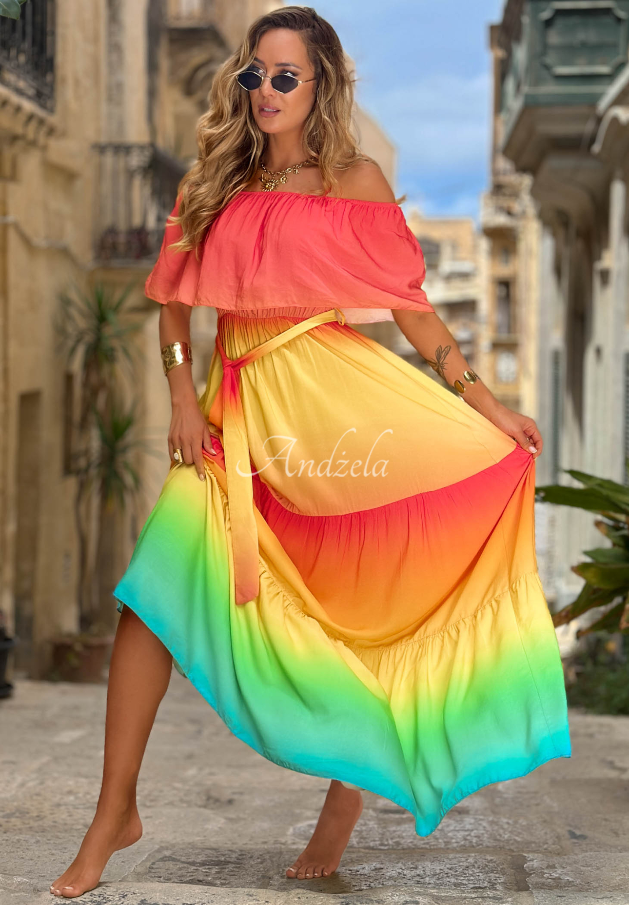 Viskózové ombre maxi šaty španělka Solar Rainbow červeno-žluté