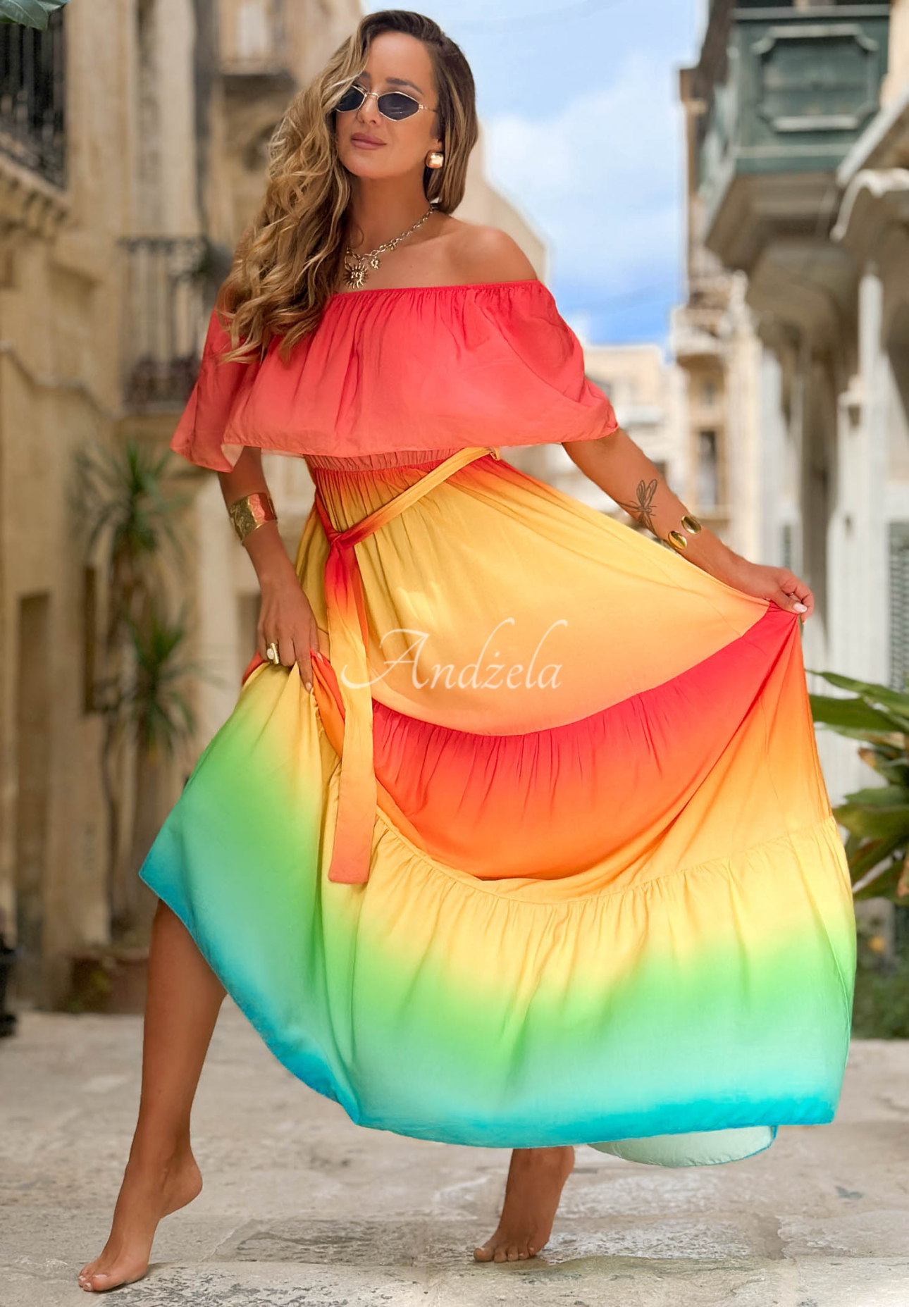 Viskózové ombre maxi šaty španělka Solar Rainbow červeno-žluté