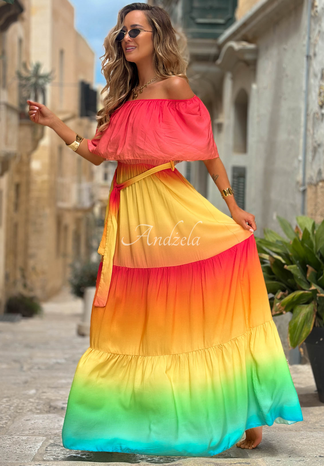 Viskózové ombre maxi šaty španělka Solar Rainbow červeno-žluté