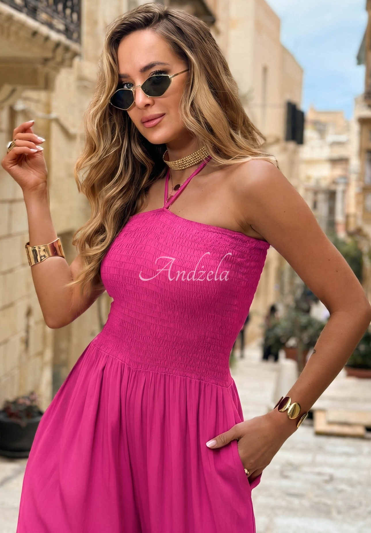 Dlouhý viskózový overal wide leg s vázáním Amalfi Paradise fuchsiový