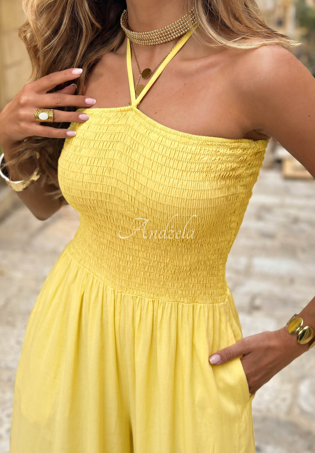 Dlouhý viskózový overal wide leg s vázáním Amalfi Paradise žlutá