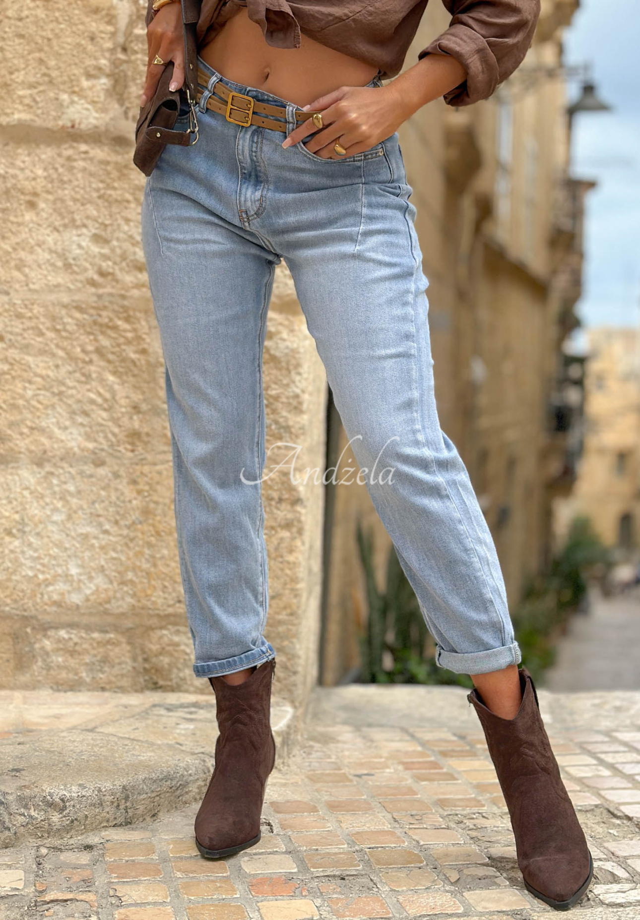 Džíny moms páskem Denim Touch modré