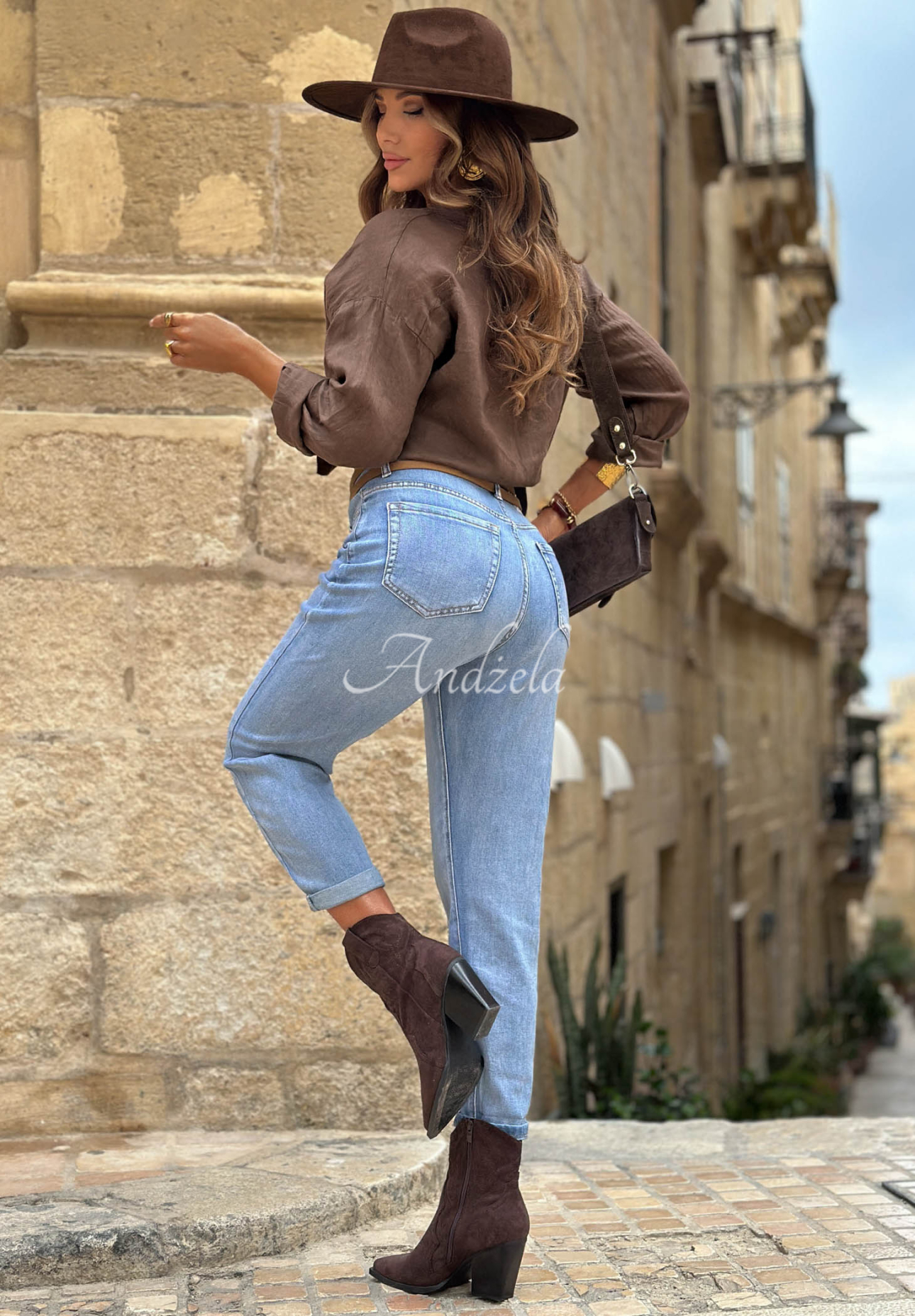 Džíny moms páskem Denim Touch modré