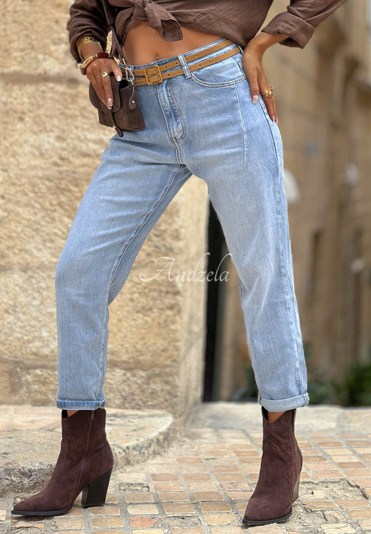 Džíny moms páskem Denim Touch modré