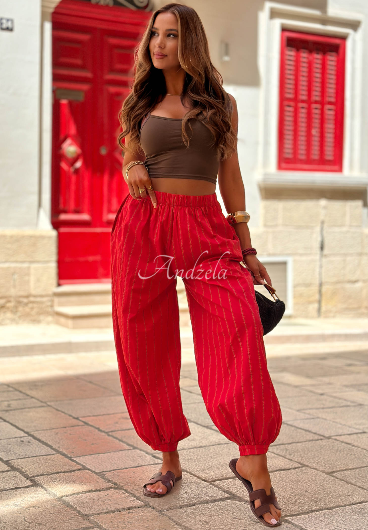 Bavlněné kalhoty s pruhy Malta Romance Heat červené