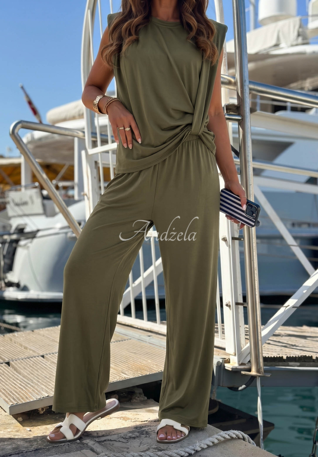 Souprava halenka s uzlem a kalhoty wide leg z lyocellu Basic Sun khaki