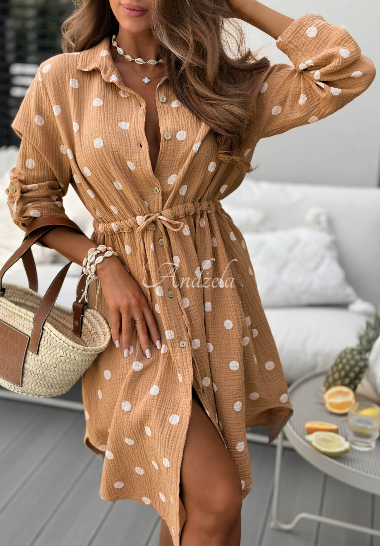 Mušelínové mini šaty s puntíky Vacation Dots velbloudí