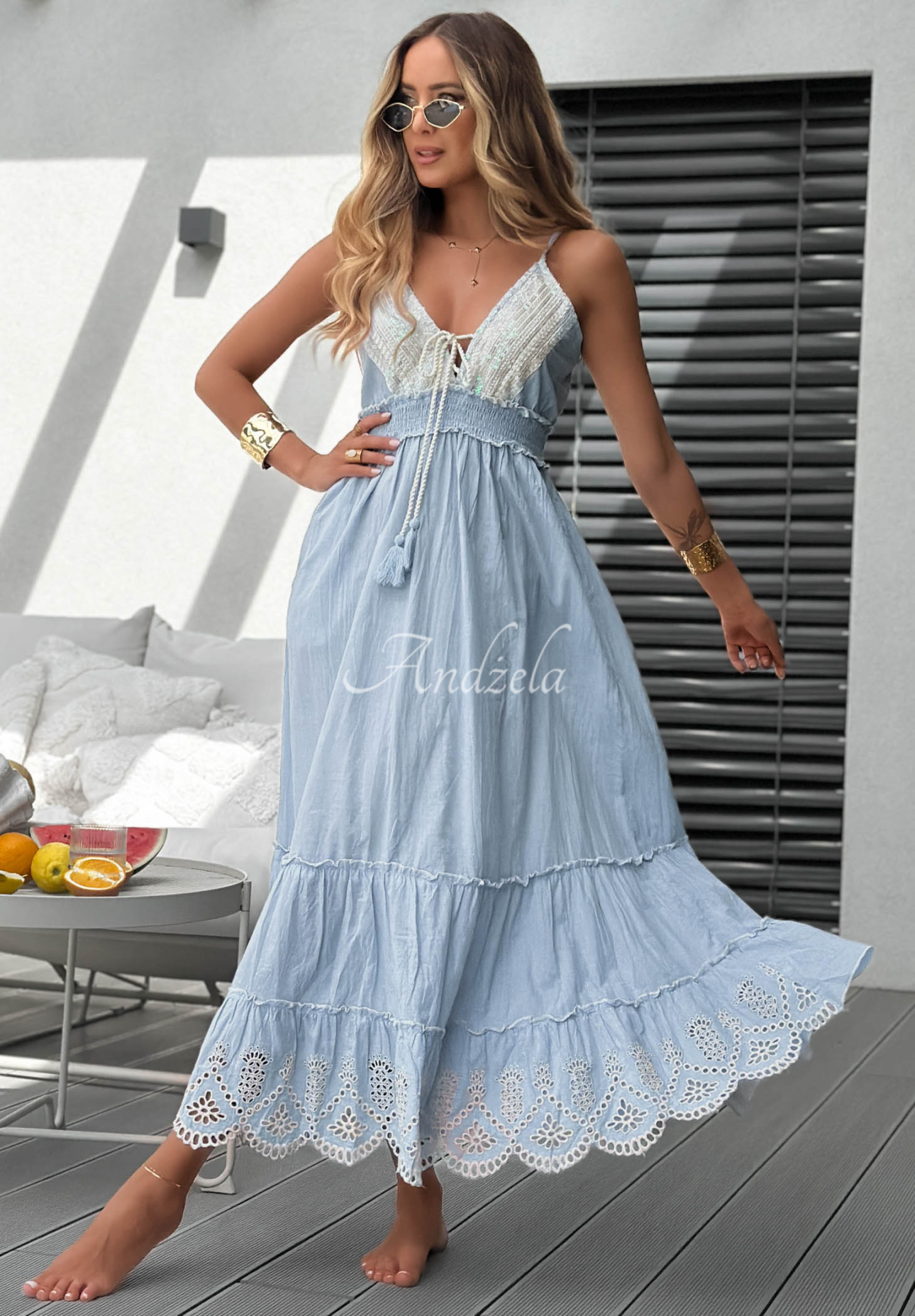 Bavlněné maxi šaty na ramínka s аžurovými volány Seaside Serenity blankytná