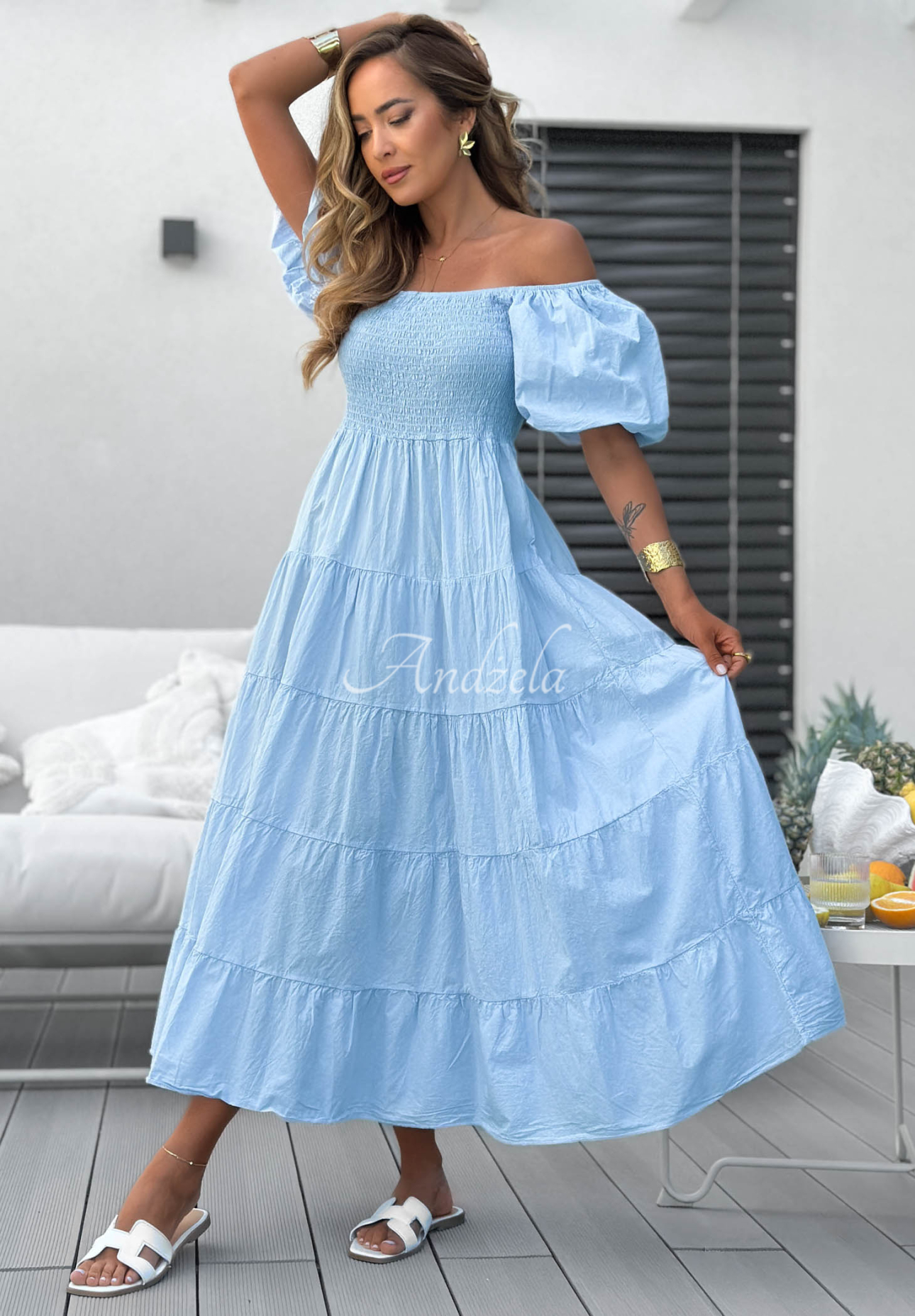 Bavlněné midi šaty s volánky a nabíranými rukávy Ocean Breeze blankytná