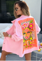 džínová Bunda z nadrukiem Neon Lady pudrová růžová