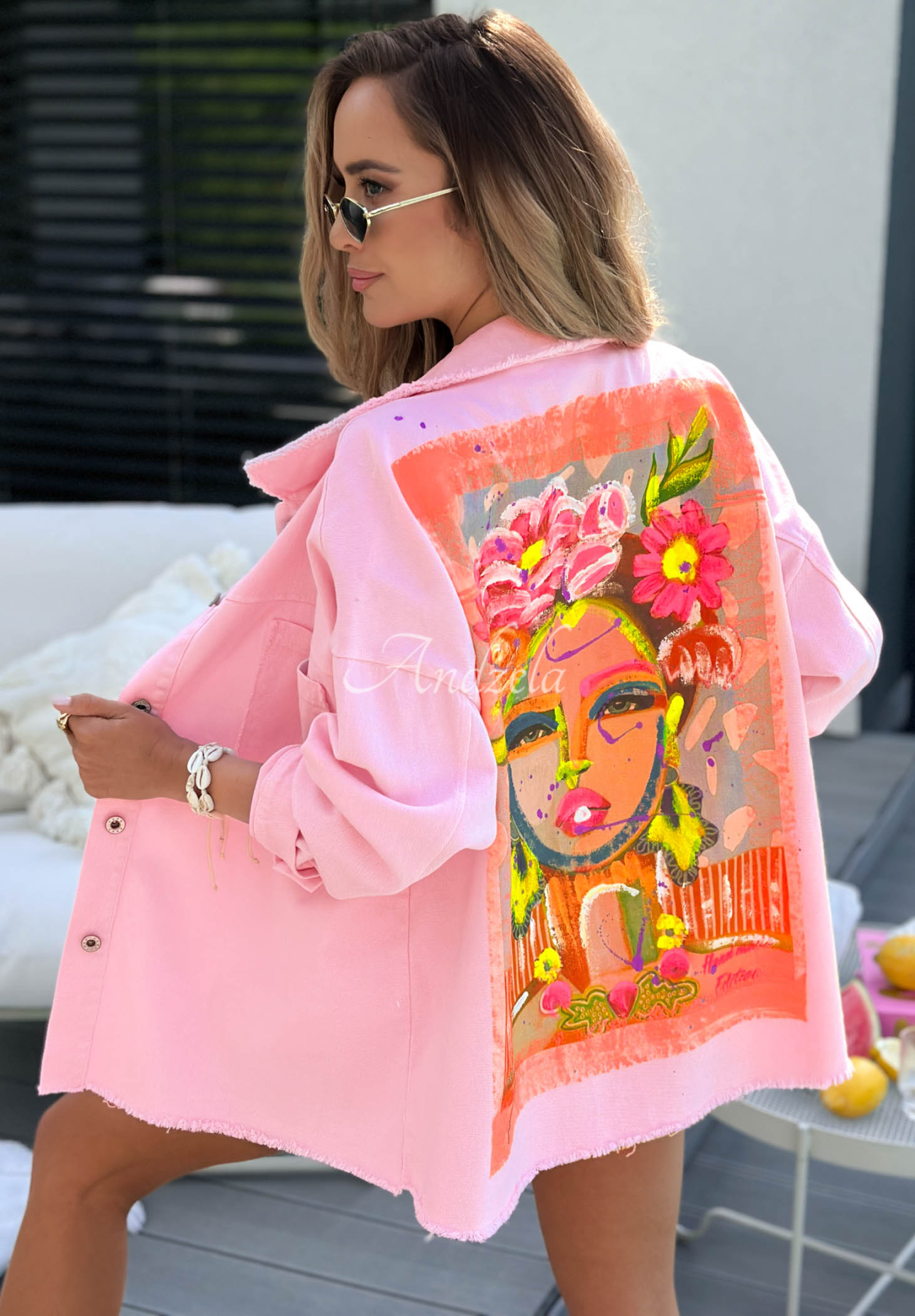 Džínová bunda s potiskem Neon Lady pudrová růžová
