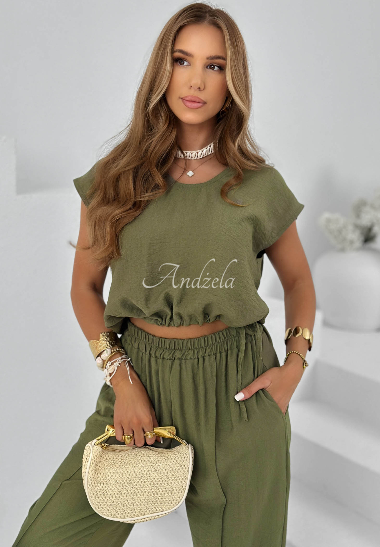 Viskózová souprava halenka a kalhoty Sunrise Sun khaki