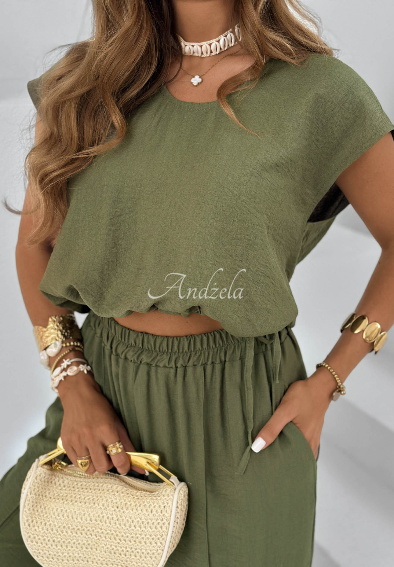 Viskózová souprava halenka a kalhoty Sunrise Sun khaki