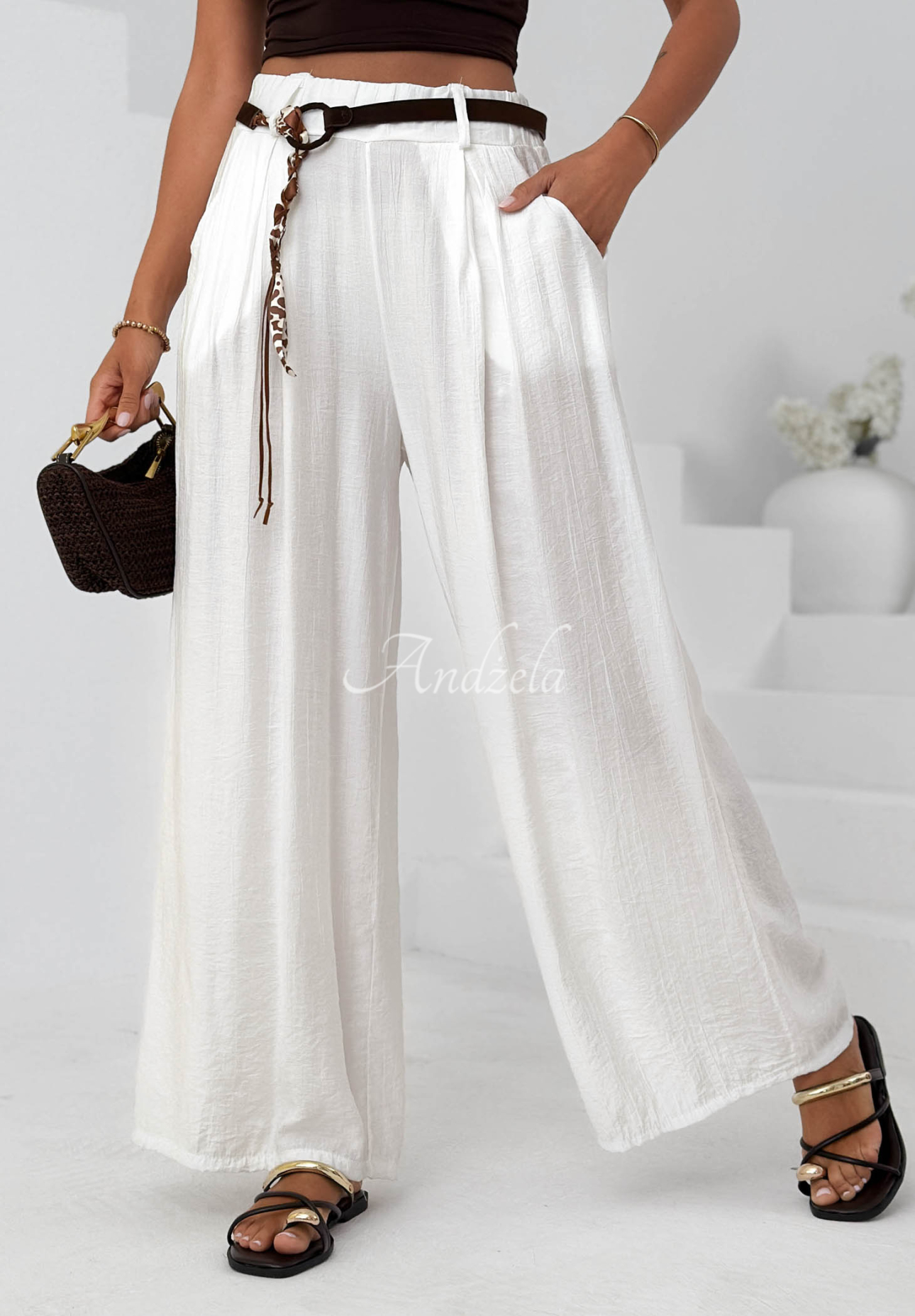 Látkové kalhoty wide leg z viskózy Summer Trace ecru