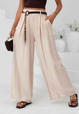 L&aacute;tkov&eacute; kalhoty wide leg z visk&oacute;zy Summer Trace b&eacute;žov&eacute;