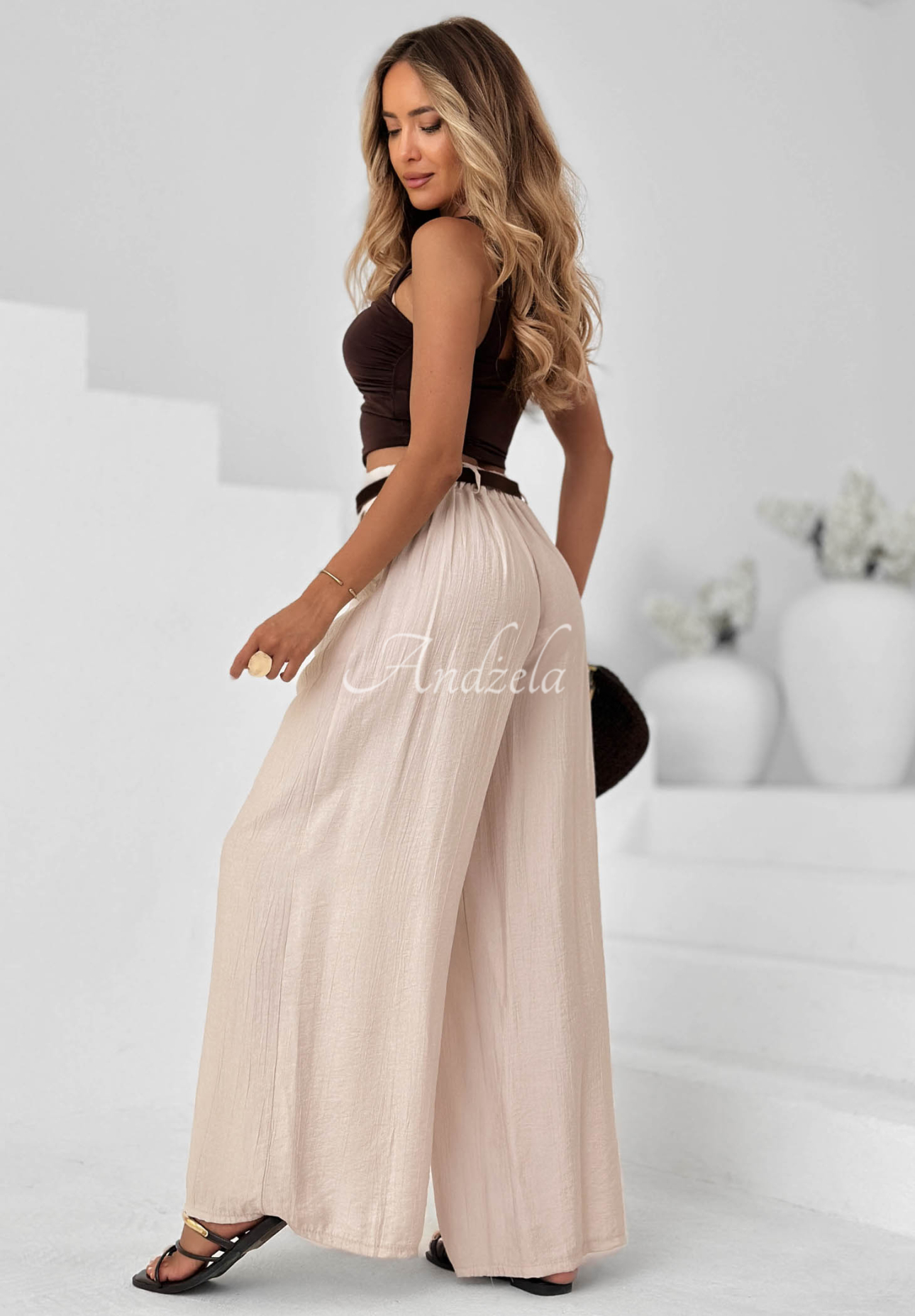 Látkové kalhoty wide leg z viskózy Summer Trace béžové