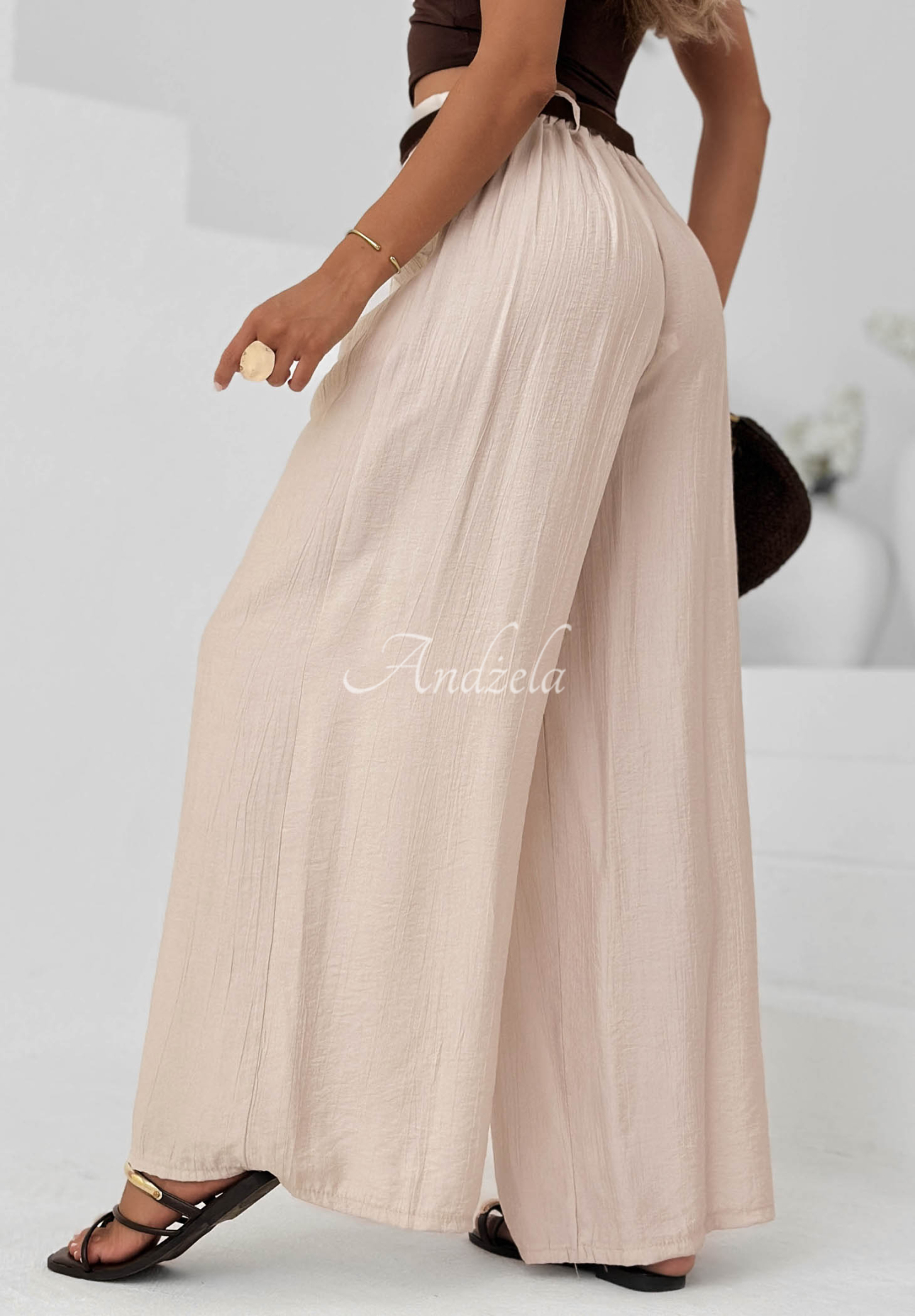 Látkové kalhoty wide leg z viskózy Summer Trace béžové