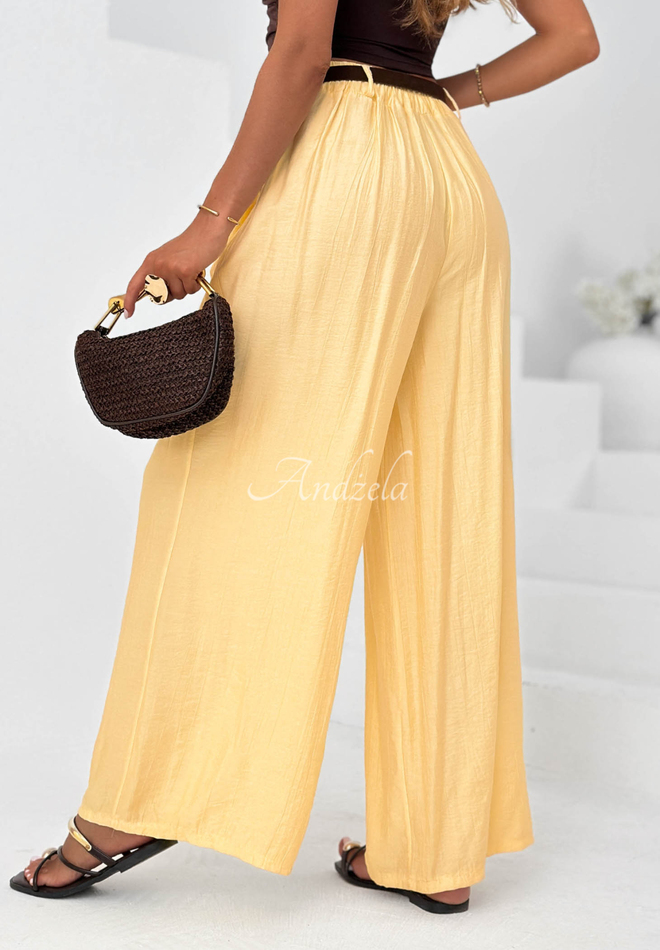 Látkové kalhoty wide leg z viskózy Summer Trace žluté