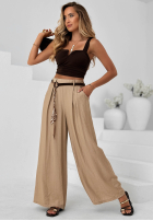 materiálové Kalhoty wide leg z wiskozy Summer Trace Mokka