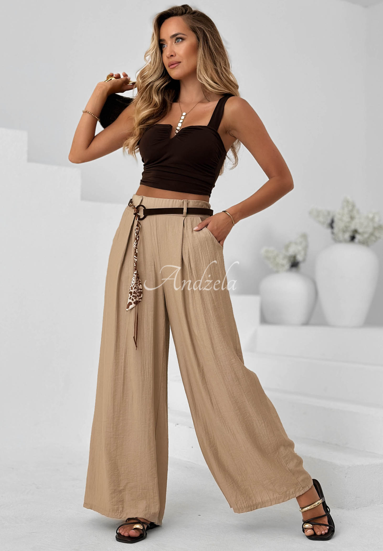 Látkové kalhoty wide leg z viskózy Summer Trace Mokka