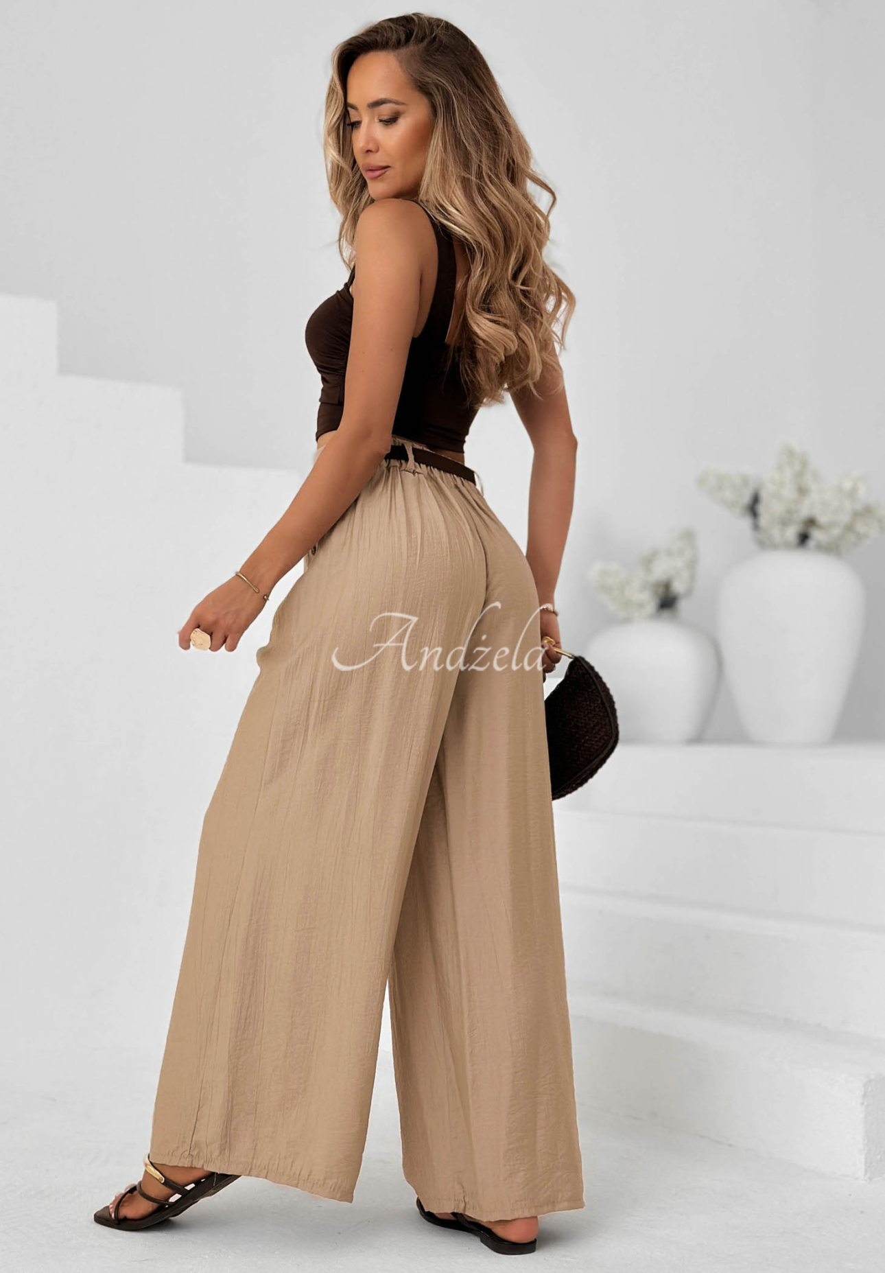 Látkové kalhoty wide leg z viskózy Summer Trace Mokka