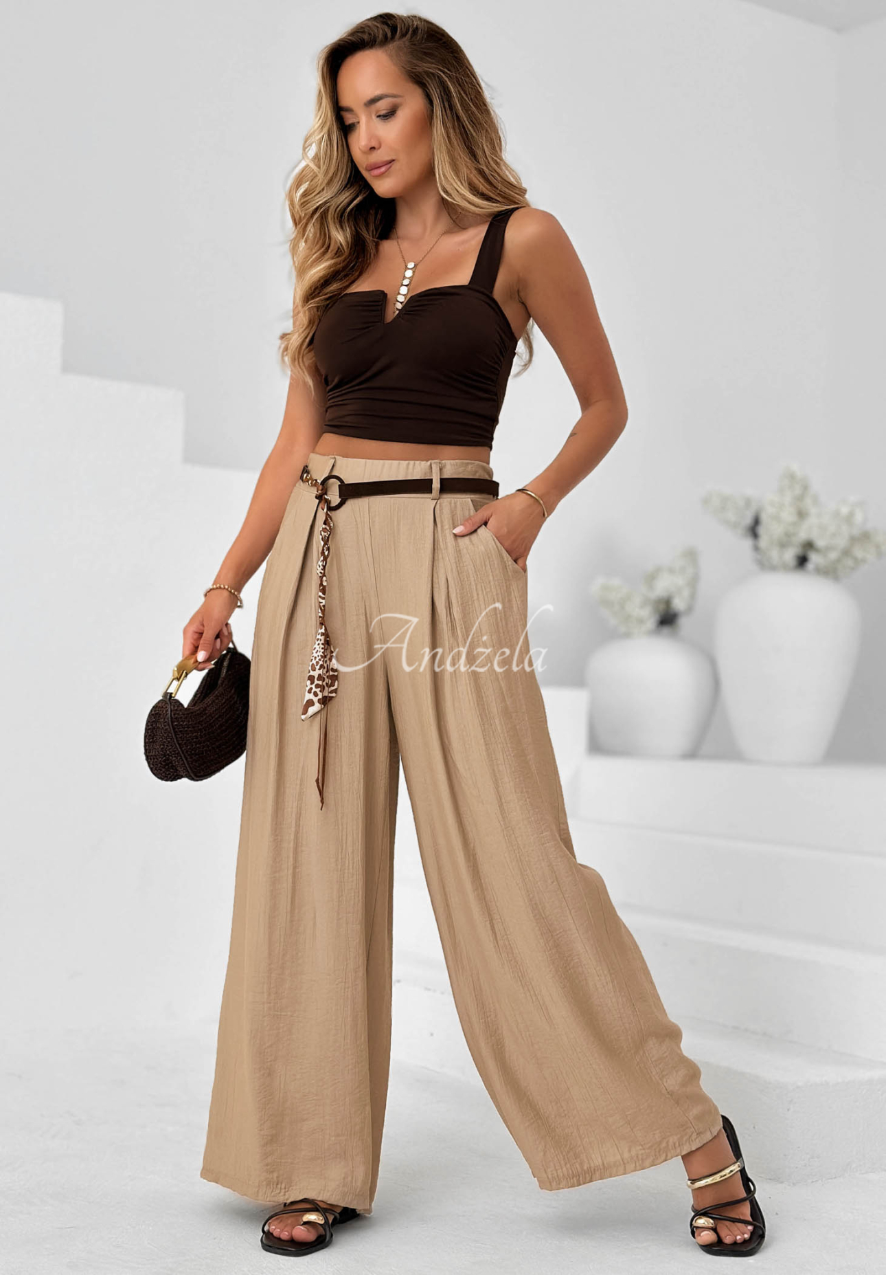 Látkové kalhoty wide leg z viskózy Summer Trace Mokka