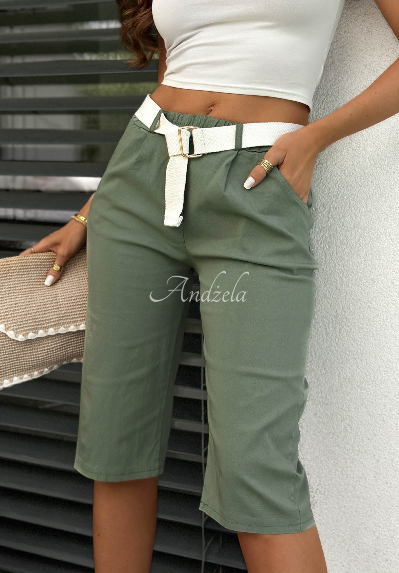 Viskózové bermudy s páskem Sunset Day khaki