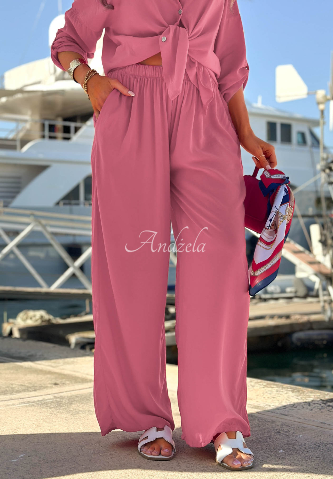 Viskózová souprava košile a kalhoty wide leg Summer Skies malinový