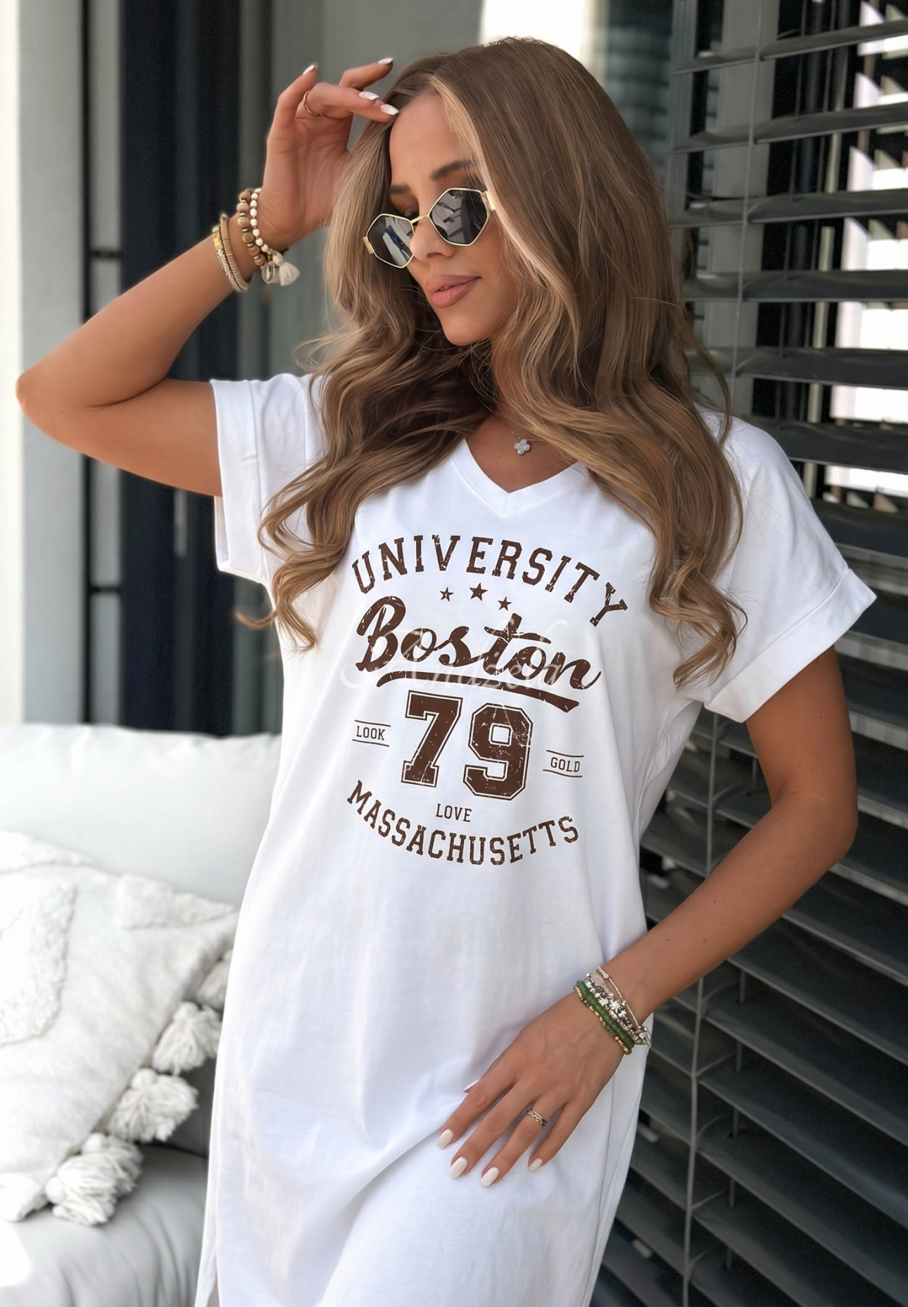 Bavlněné midi šaty s potiskem Boston University Bílá