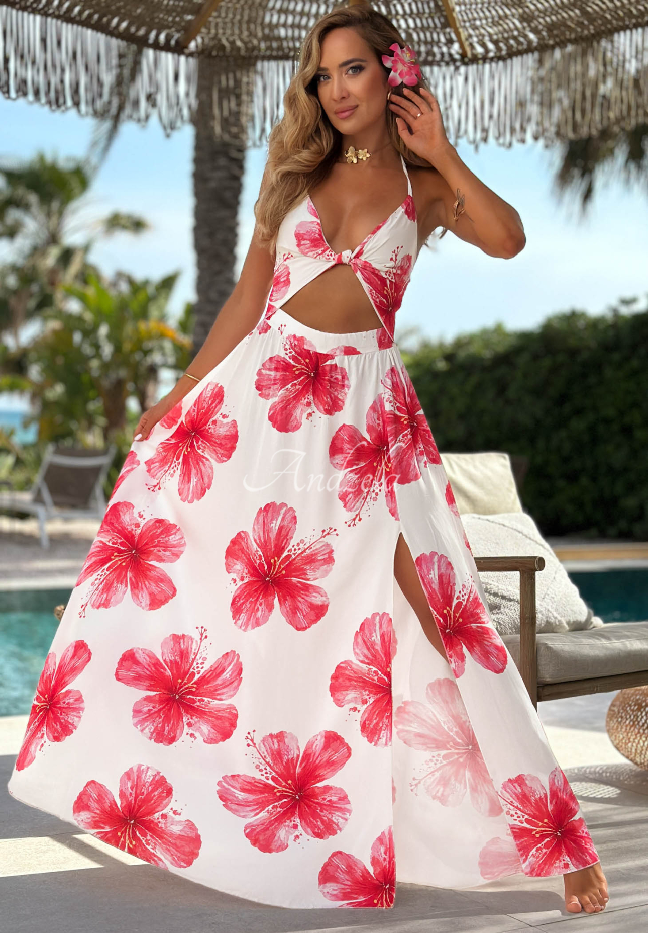Květované maxi šaty na ramínka z viskózy Hawaii Hibiscus bílo-růžové