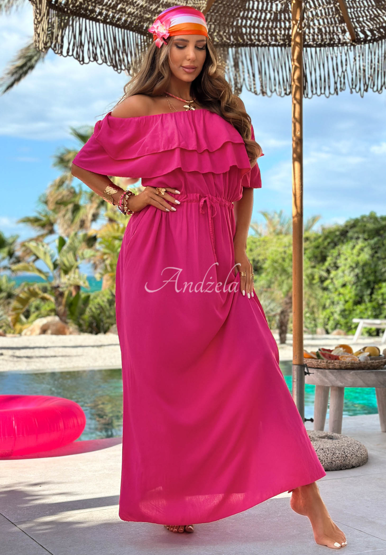 Viskózové maxi šaty španělka s volány Sunset Diva fuchsiová