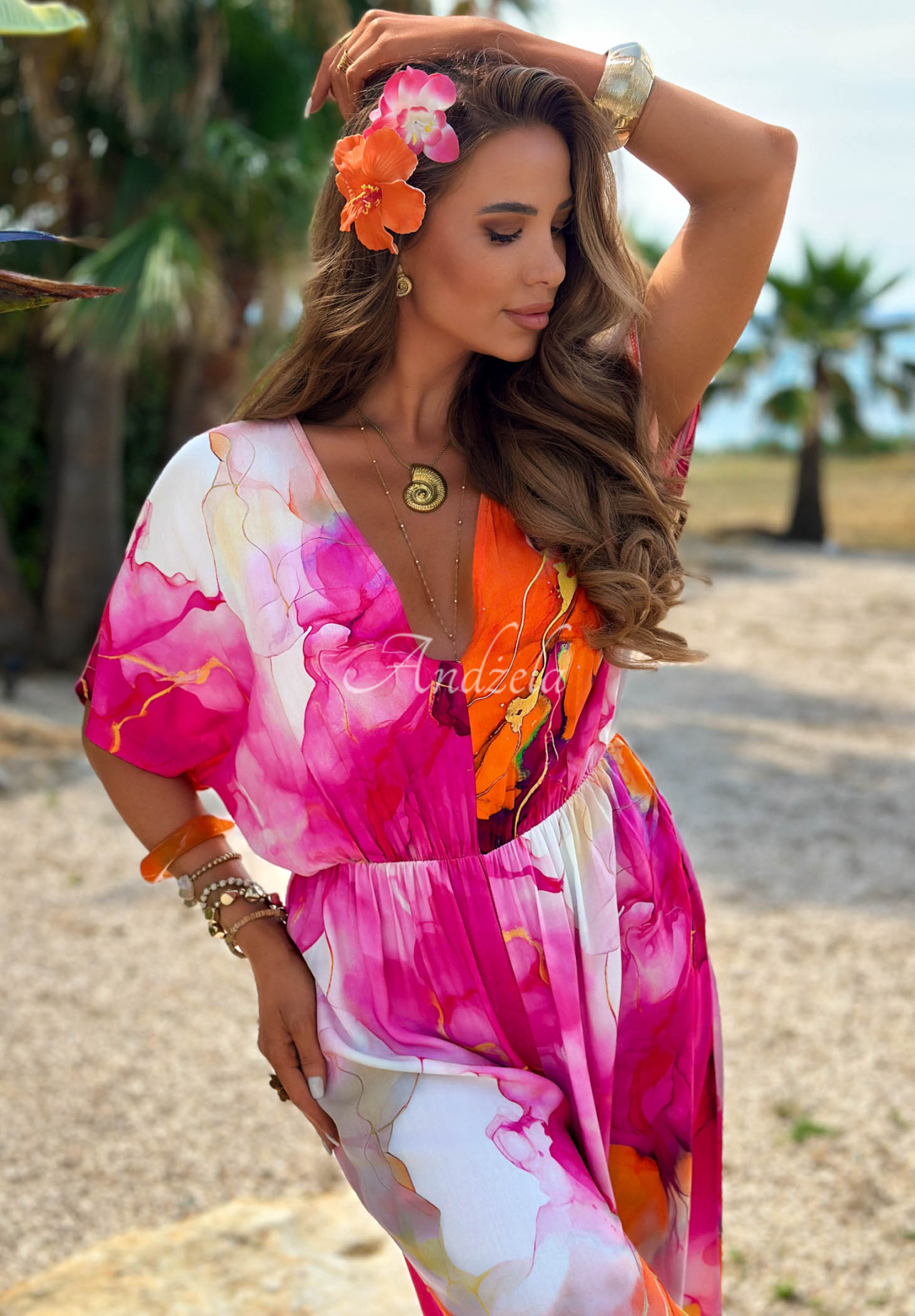 Dlouhý viskózový overal se vzory Juicy Marble fuchsiovo-oranžový