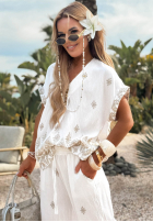 materiálové Kalhoty wide leg vzorované Sunset Paradise biało-béžové