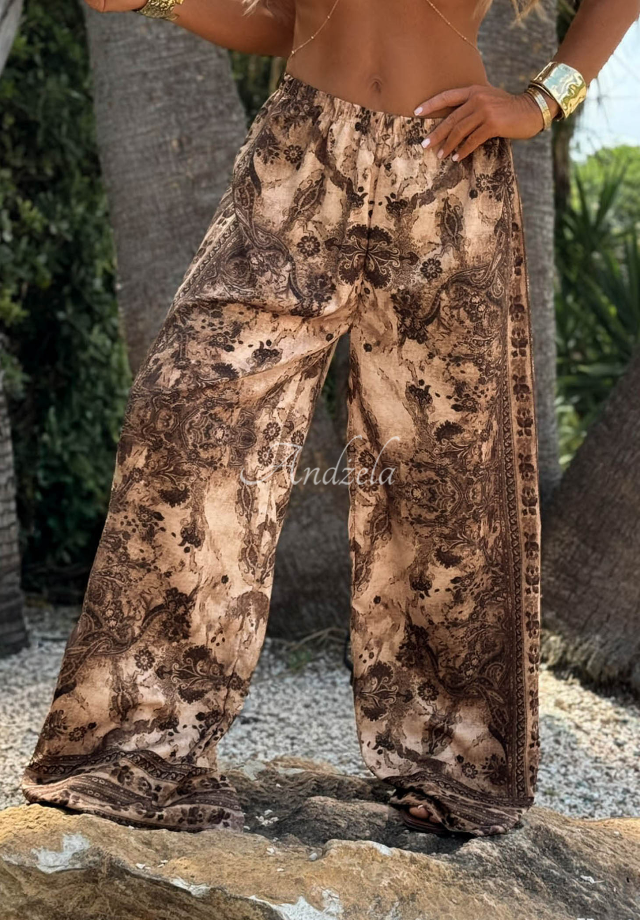 Viskózová souprava košile a kalhot wide leg Sunny Cocoa béžovo-čokoládová